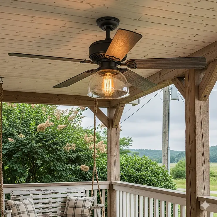 A bronze 36-inch outdoor ceiling fan with rustic blades complements a farmhouse-style porch.
