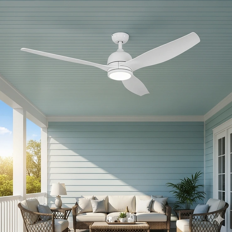 A bright white 36-inch outdoor ceiling fan with three blades, mounted on a porch ceiling to provide cooling relief on a hot day.