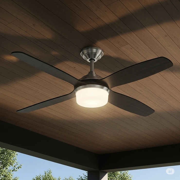 An illustration of a modern 42-inch outdoor ceiling fan with a brushed nickel finish and dark wood blades. The fan is mounted to a dark wood ceiling and has a bright, frosted glass light fixture. The background shows a clear sky and lush green trees.