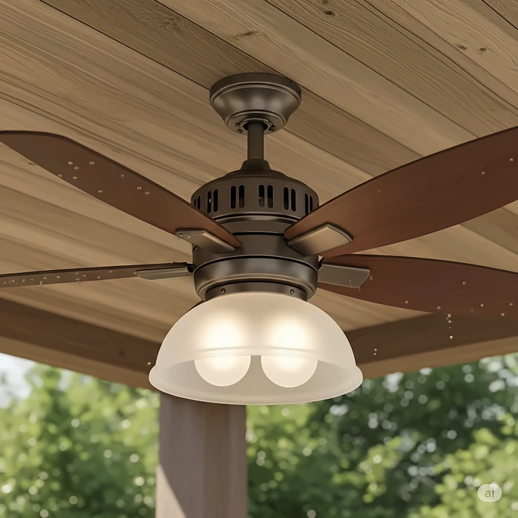 An illustration of a 42-inch outdoor ceiling fan with a bronze body and wood blades. The fan has an integrated light kit with a clear glass shade and exposed Edison-style LED bulbs, hanging from a rustic wood ceiling.