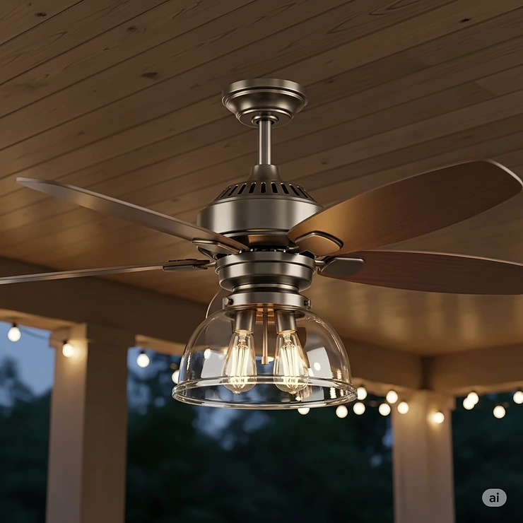 An illustration of a 42-inch outdoor ceiling fan with a dark bronze finish and wood blades, mounted on a wood-planked ceiling. The fan's clear glass light kit with Edison bulbs illuminates a patio at dusk, with string lights visible in the distance.