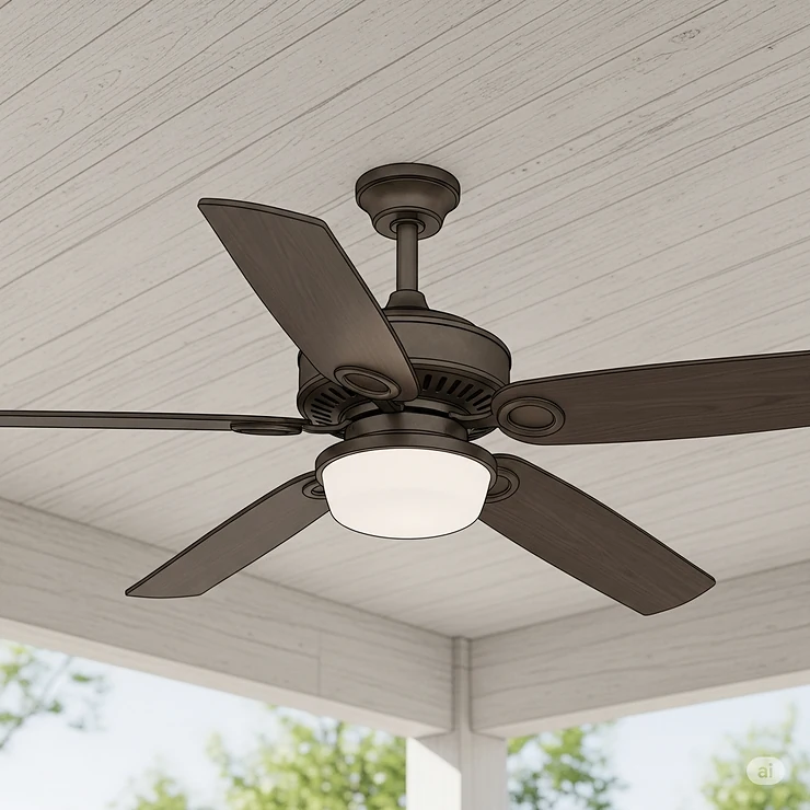 An illustration showing a modern 42-inch outdoor ceiling fan with a dark bronze body and five wooden blades. The fan is attached to a white, planked wood ceiling and has a bright light kit with a frosted glass dome.