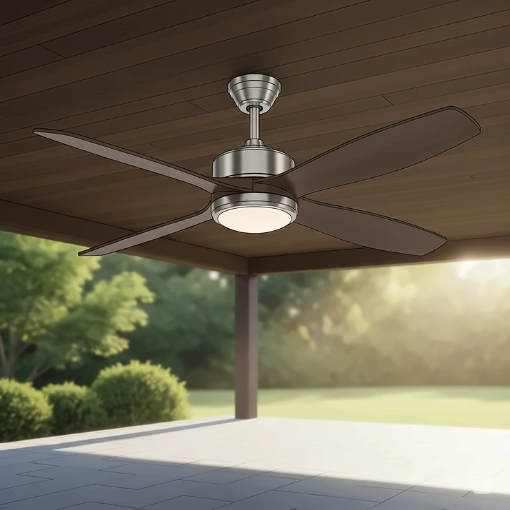 A rendered illustration of a sleek 42-inch outdoor ceiling fan with three dark wood blades and a brushed nickel housing. It is installed on a dark wood patio ceiling, with a grassy yard and bright sunlight in the background.