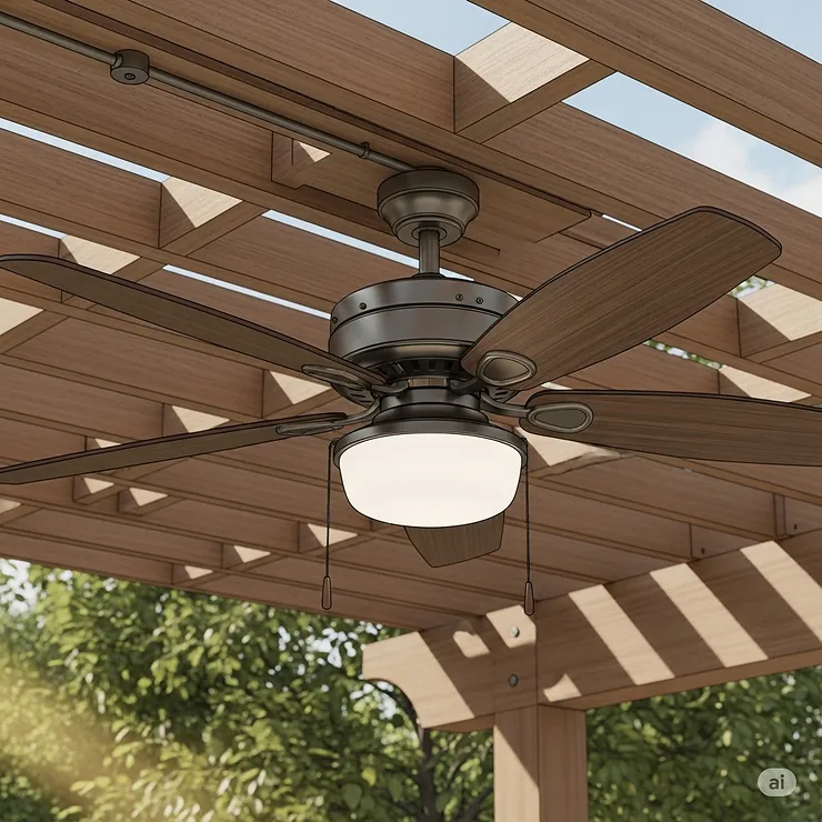 A detailed illustration of a 42-inch outdoor ceiling fan with a bronze finish and five wooden blades. The fan is mounted on a wooden pergola, with a bright sky and a lush green garden visible in the background.
