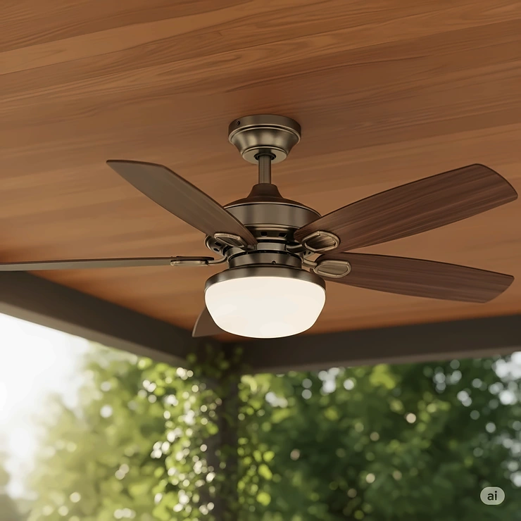 A close-up illustration of a bronze 42-inch outdoor ceiling fan with a domed light fixture, hanging from a textured wood ceiling. The fan blades are made of dark wood, and the background shows a blurred view of green plants.