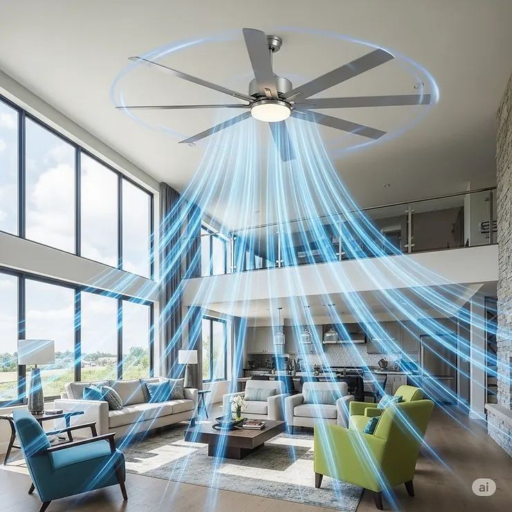 An illustration demonstrating the powerful airflow and broad coverage of a 65-inch ceiling fan, ideal for circulating air efficiently in expansive spaces.