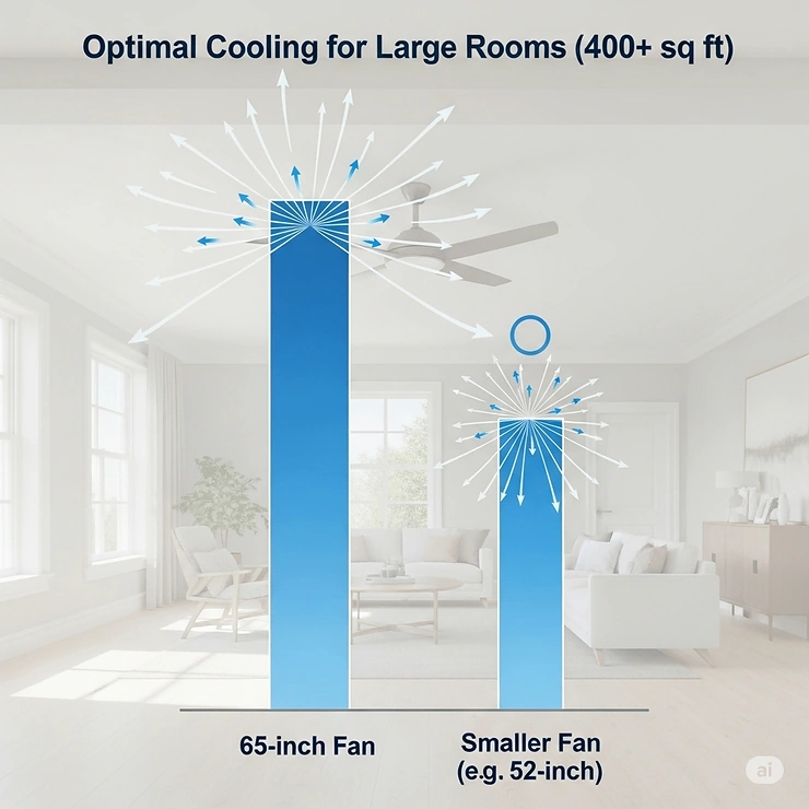 A comparative chart illustrating the superior cooling capacity of a 65-inch ceiling fan compared to smaller fans in rooms over 400 square feet.