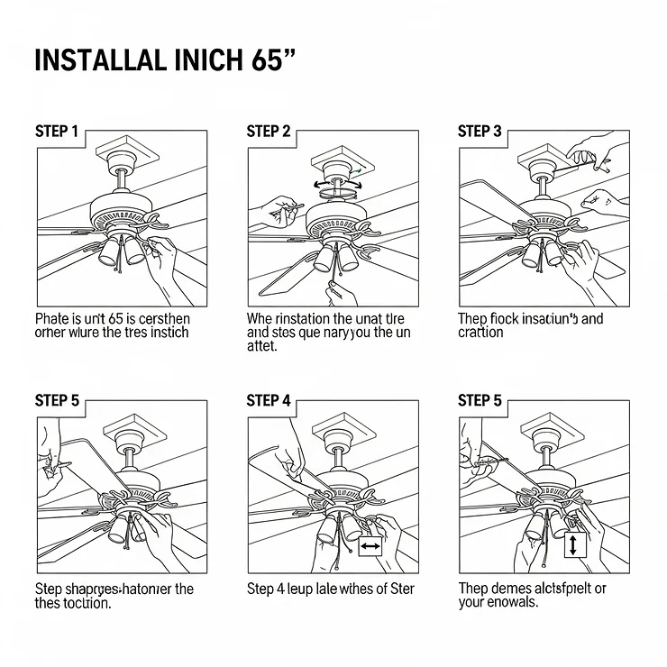 Step-by-step illustrations for the installation of a 65-inch ceiling fan, showing how to safely mount the fan and connect the wiring.