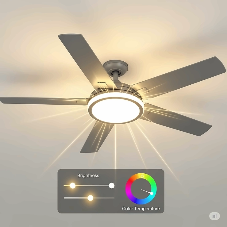 An illustration of the integrated LED lighting options available with a 65-inch ceiling fan, showing adjustable brightness and color temperature.