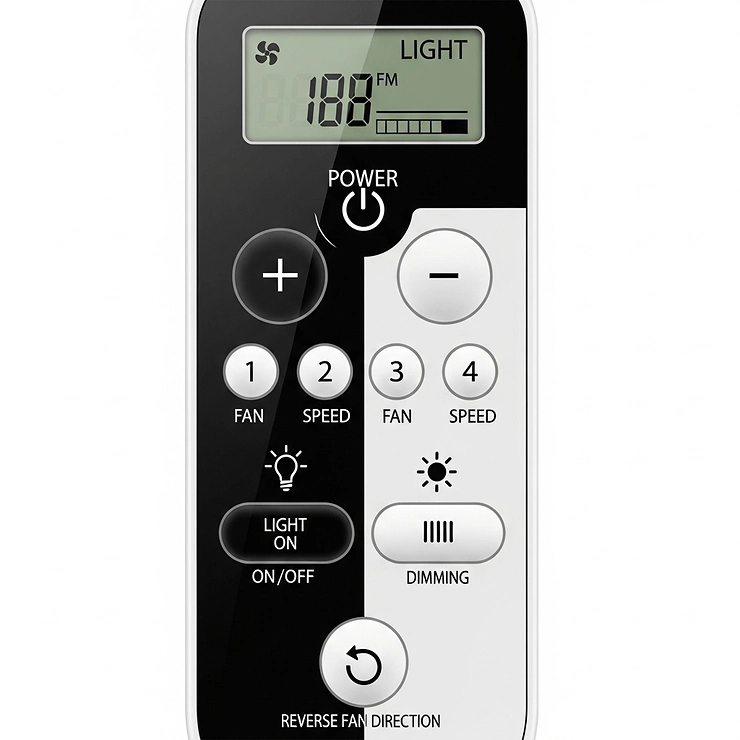 A close-up shot of the remote control for a modern 65-inch ceiling fan, highlighting its various speed, light, and direction settings.