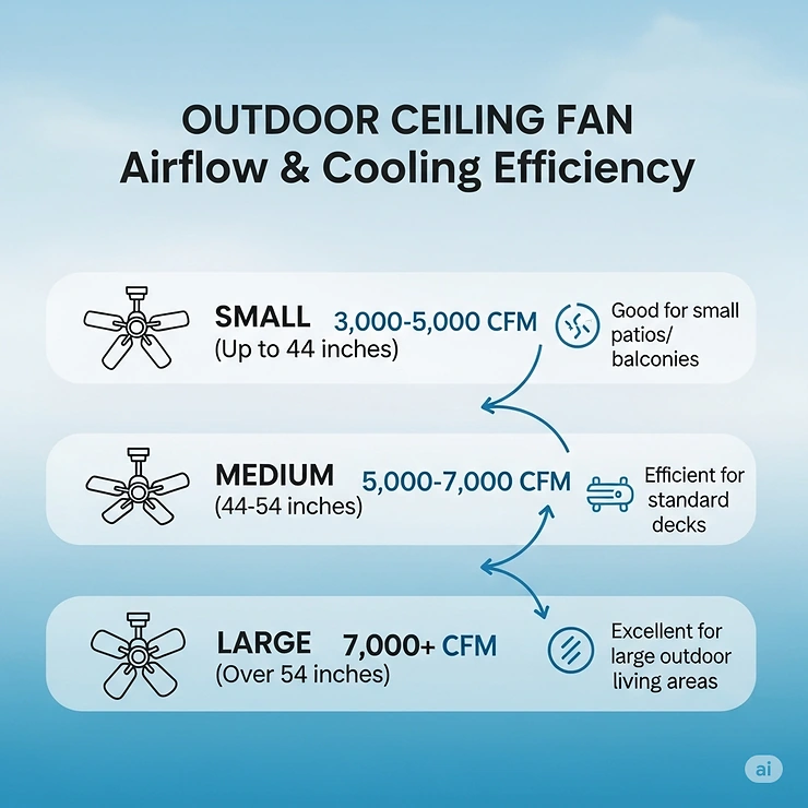 A graphic showing how CFM (Cubic Feet per Minute) relates to the airflow of different outdoor ceiling fan sizes, indicating cooling efficiency.