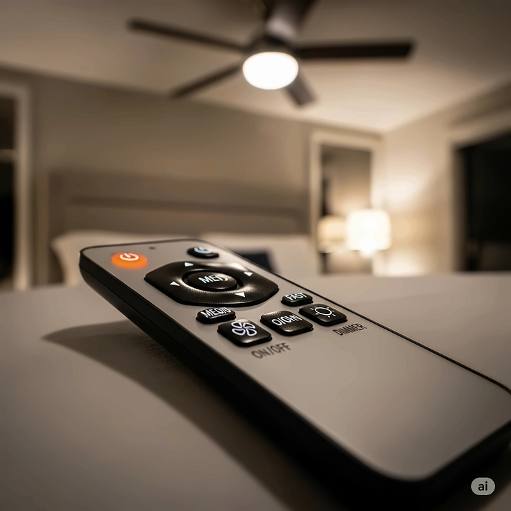 A photo of a remote control for a master bedroom ceiling fan, highlighting the convenience of adjusting speed and light from bed.