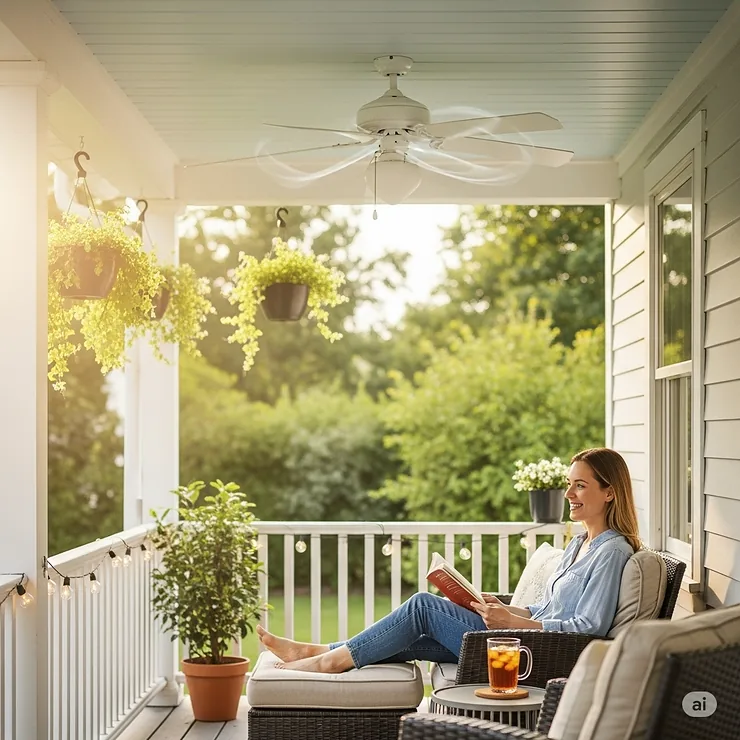 An image showcasing the benefits of having a porch fan, such as improved air circulation and enhanced comfort, for enjoyable outdoor living.