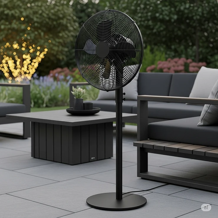 A stylish black outdoor pedestal fan with a metal grille, designed to blend seamlessly with modern patio furniture.