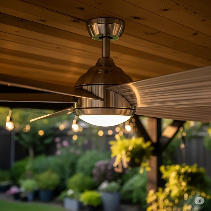 Image showing the brushed stainless steel finish of a ceiling fan, a stylish and practical choice for outdoor decor.