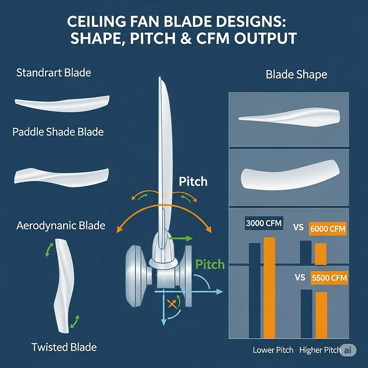 An image showcasing various ceiling fan blade designs, explaining how blade shape and pitch impact a fan's CFM output.