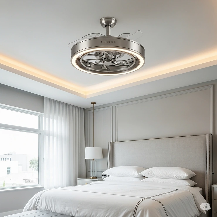 An innovative ceiling fan with retractable blades shown in a master bedroom, offering a clean, minimalist look when not in use.