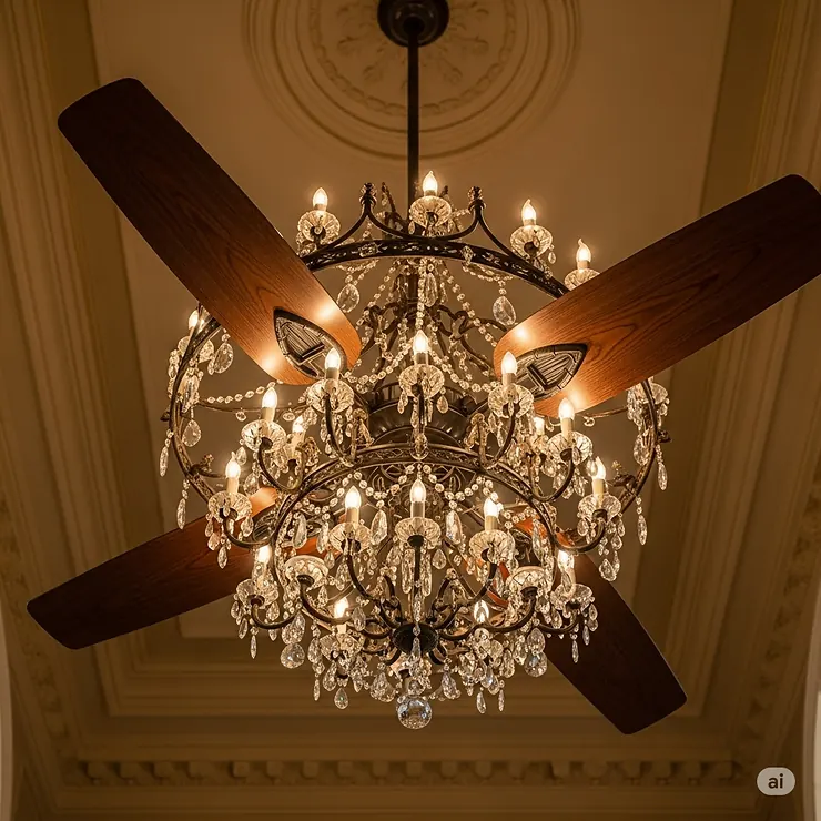 A decorative and unusual ceiling fan that combines a multi-light chandelier with functional fan blades, a strange but elegant hybrid.