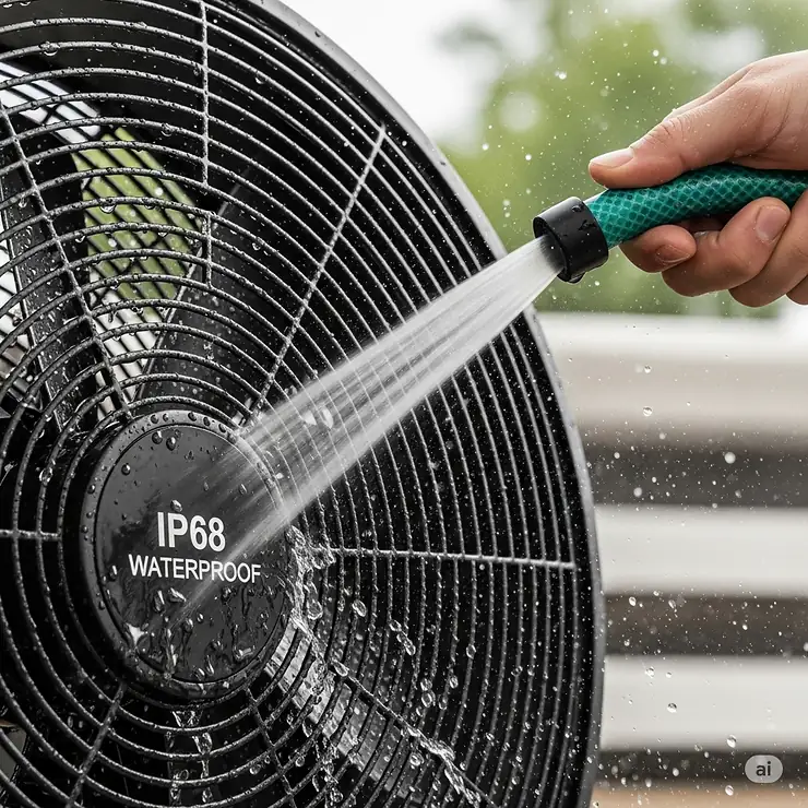 A hand uses a hose to spray a waterproof fan, demonstrating how easy it is to clean and maintain with water.