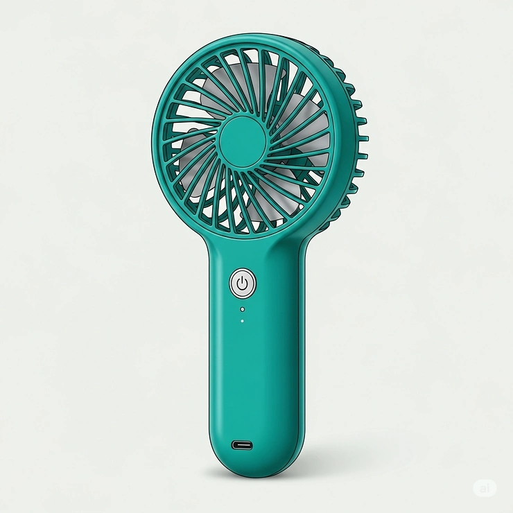 An illustration showing a small, USB-rechargeable handheld fan, perfect for providing a personal cooling breeze on the go.