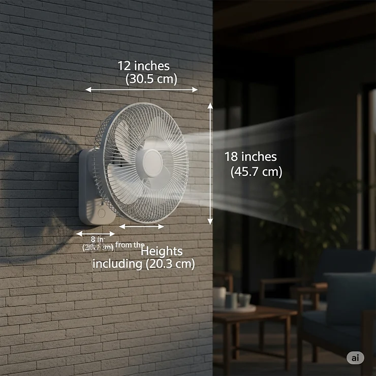 Compact and space-saving quiet outdoor patio wall mount oscillating fan with clear dimensions for easy installation.