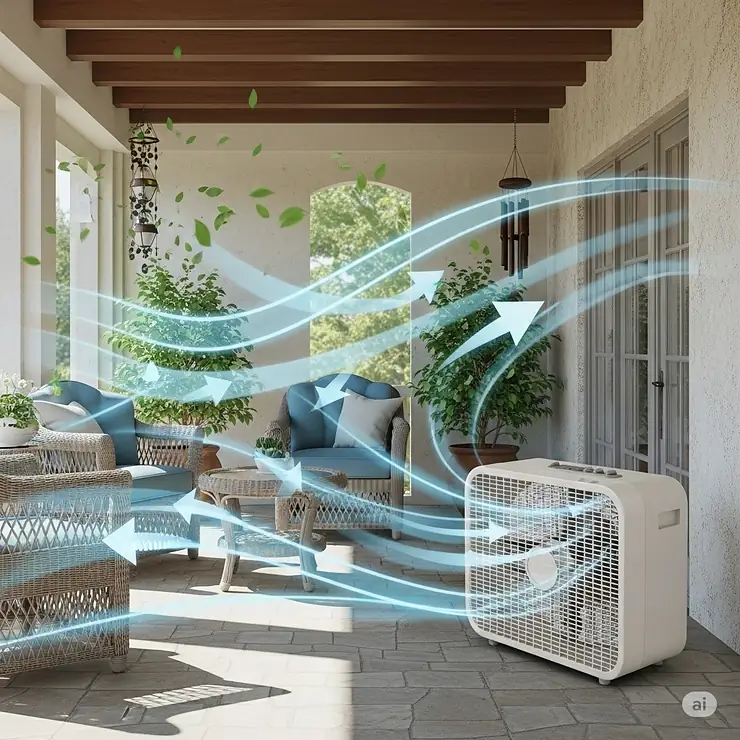An illustration demonstrating the cooling effects and air circulation from an outdoor box fan in a covered outdoor space.