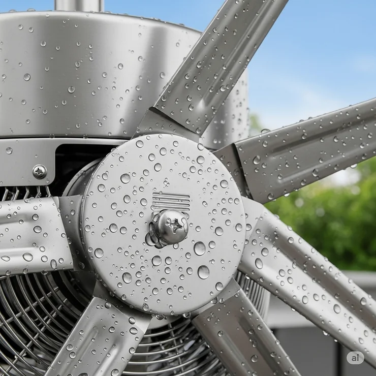A close-up showing the corrosion-resistant finish on the metal components of a high-quality wet-rated outdoor fan.