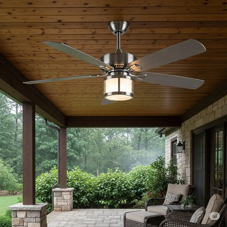 An outdoor-rated ceiling fan with stainless steel components, perfect for use in a damp location like a covered porch.