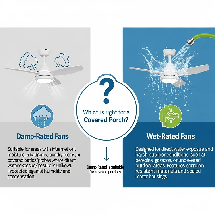 An infographic explaining the difference between damp-rated and wet-rated fans, clarifying which is suitable for a covered porch area.