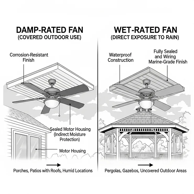 A diagram illustrating the difference between a damp-rated ceiling fan (suitable for covered areas like a porch) and a wet-rated fan (able to withstand direct rain).