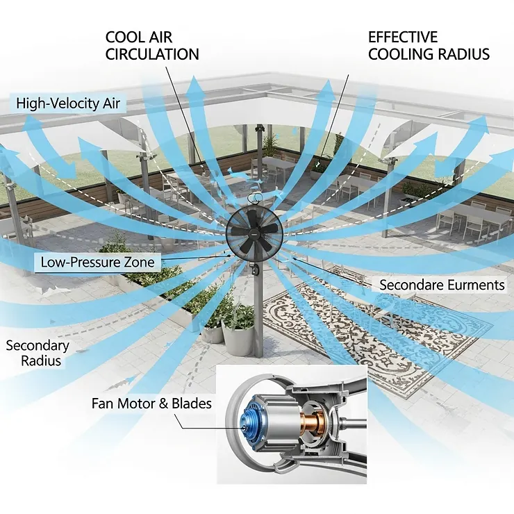 A technical diagram showing the powerful airflow and circulation pattern created by a deck fan, effectively cooling a large outdoor area.