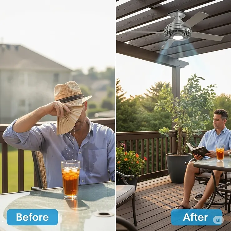 A comparison showing a hot, stuffy deck 'before' and a cool, comfortable deck 'after' the installation of a new deck fan.