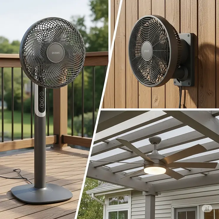 A collage of various deck fan styles, including pedestal, wall-mounted, and ceiling fans, to help consumers choose the right one for their space.