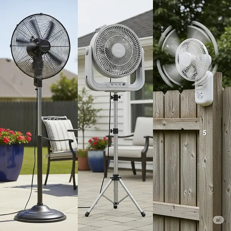 A comparison of different styles and sizes of outdoor oscillating fans, including a wall mount version.