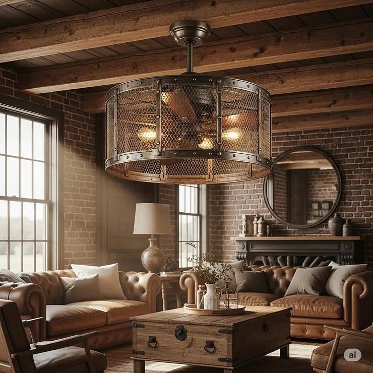 A unique ceiling fan enclosed in a decorative metal drum cage, inspired by industrial and farmhouse designs, adding a vintage feel to a living room.