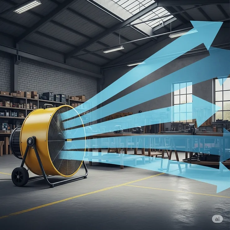 An illustration with arrows demonstrating the powerful, directional airflow produced by a drum fan, showing how it can circulate air across a large room or workshop.