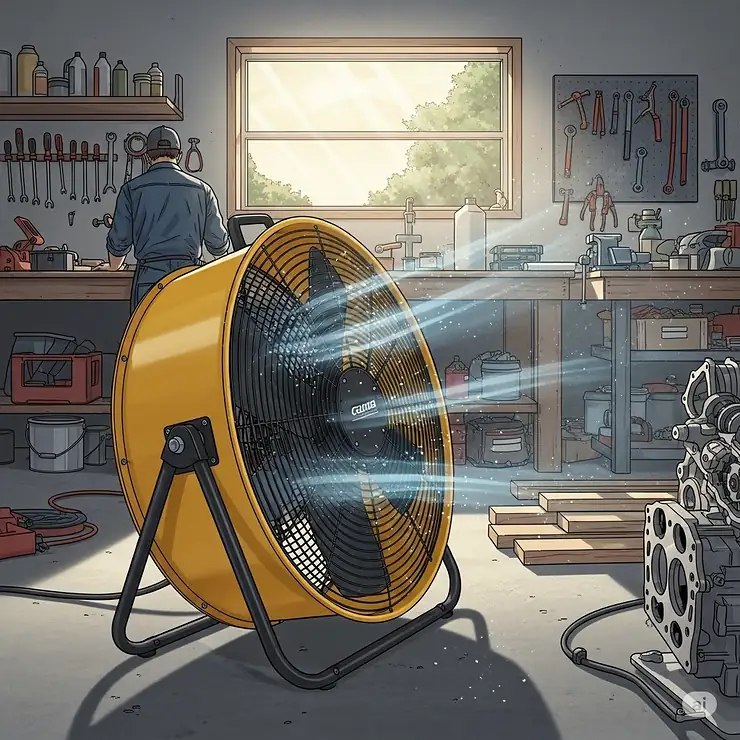 An illustration of a powerful drum fan being used in a home garage or workshop, helping to cool the space and improve ventilation while working on projects.