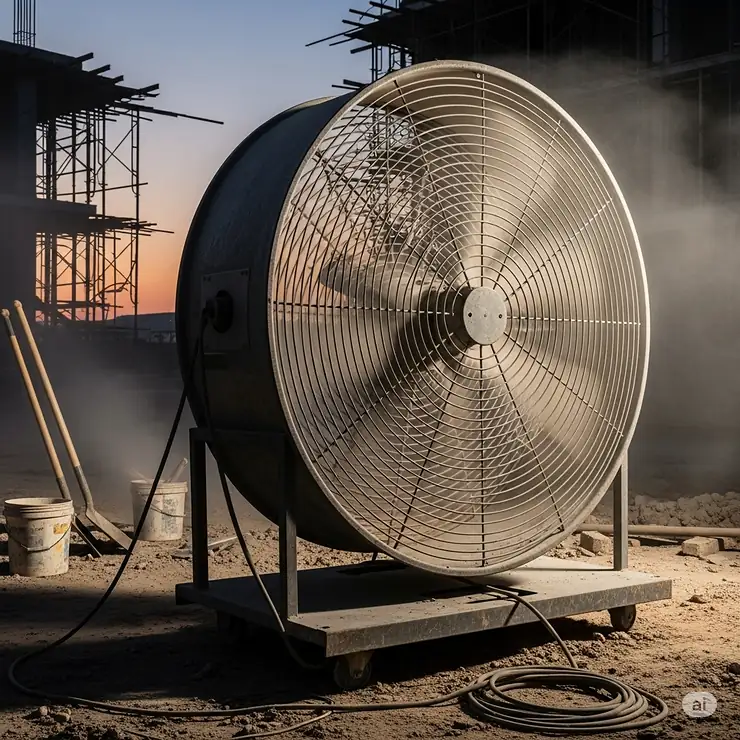 A large drum fan operating on a construction site, effectively moving dust and fumes out of the work area and providing essential air circulation for worker comfort.