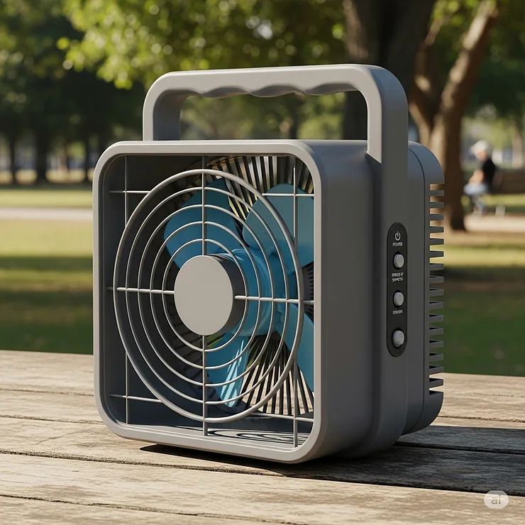 An image of a lightweight and easy-to-carry outdoor box fan with an integrated handle.