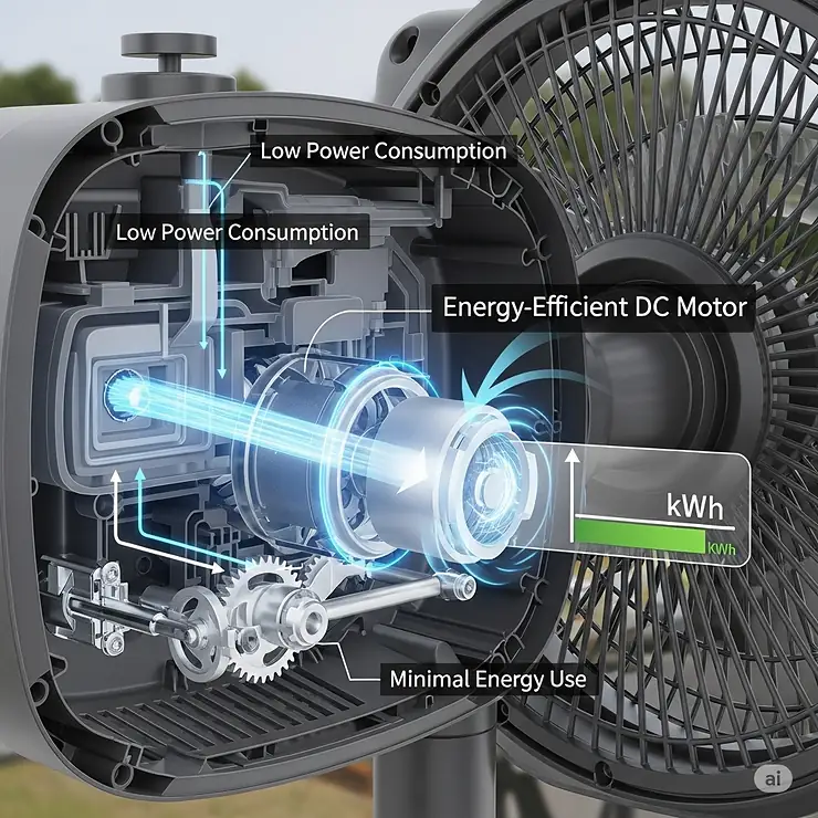 A visual representation or diagram showcasing the energy-efficient DC motor of an outdoor oscillating fan, emphasizing its low power consumption.