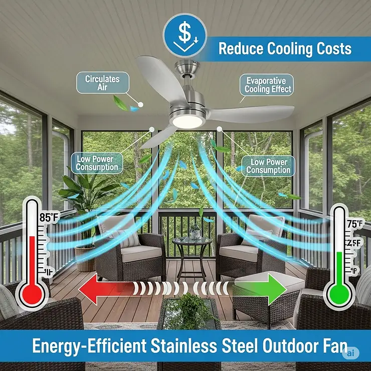 A graphic illustrating how an energy-efficient stainless steel outdoor fan can help reduce cooling costs in a screened-in porch or lanai.