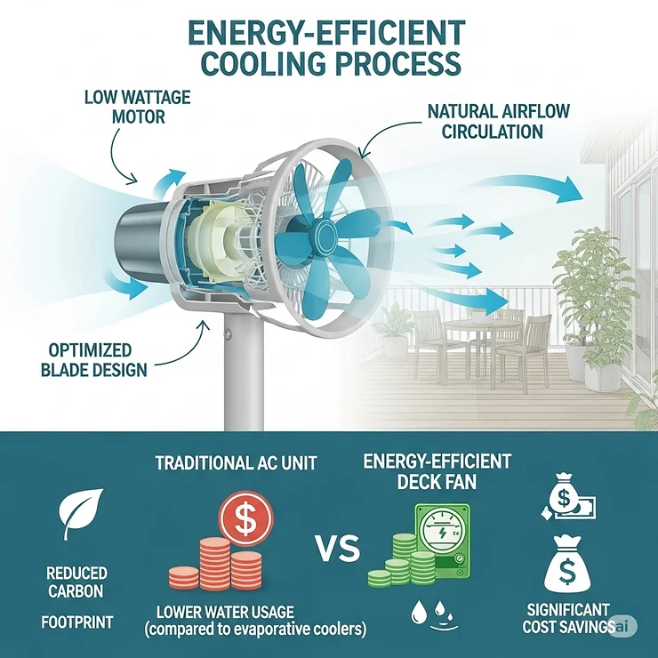 A visual representation of how an energy-efficient deck fan can cool a space without a high electricity bill, showcasing its eco-friendly benefits.