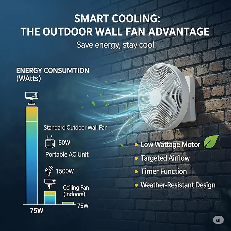 An infographic displaying the energy-saving features of an outdoor wall fan, showing its low power consumption compared to other cooling options.
