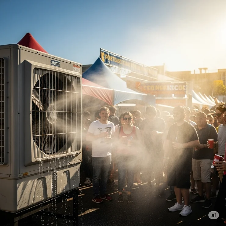 An evaporative cooler, also known as a swamp cooler, in use at a summer event, providing a cool breeze.