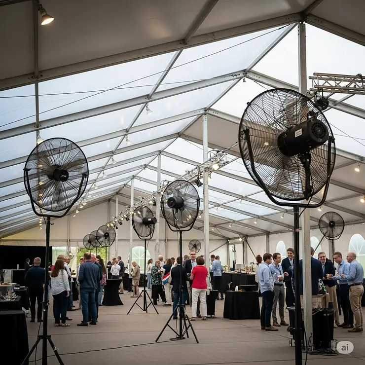 Several large fans positioned inside an event tent to ensure proper air circulation and cooling for the space.