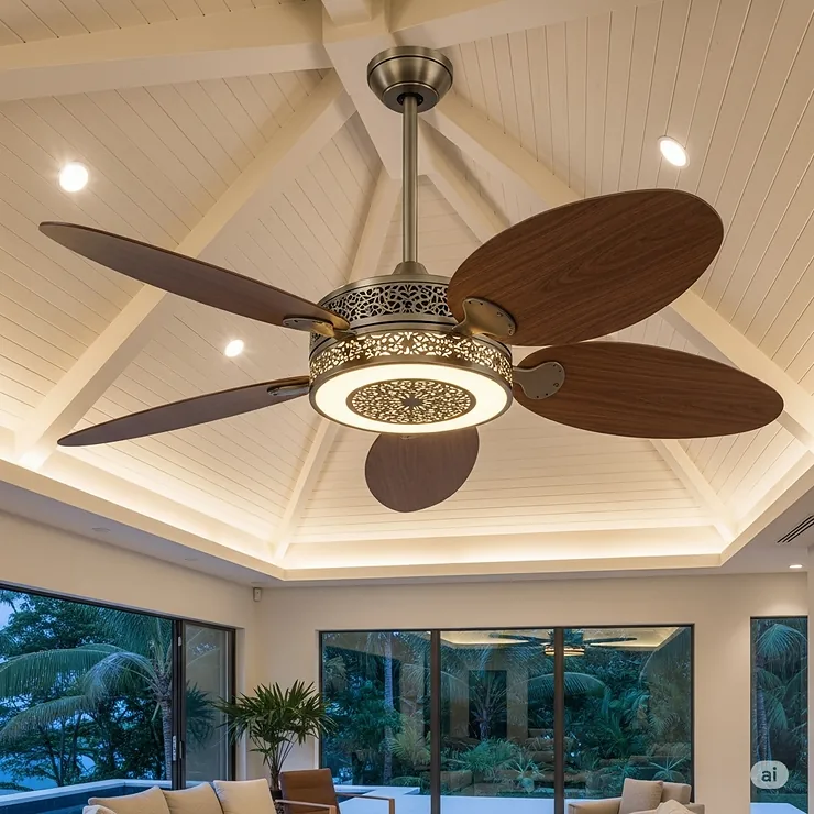 An exotic ceiling fan that features an integrated LED light kit, showcasing both its unique design and its functionality as a light source.