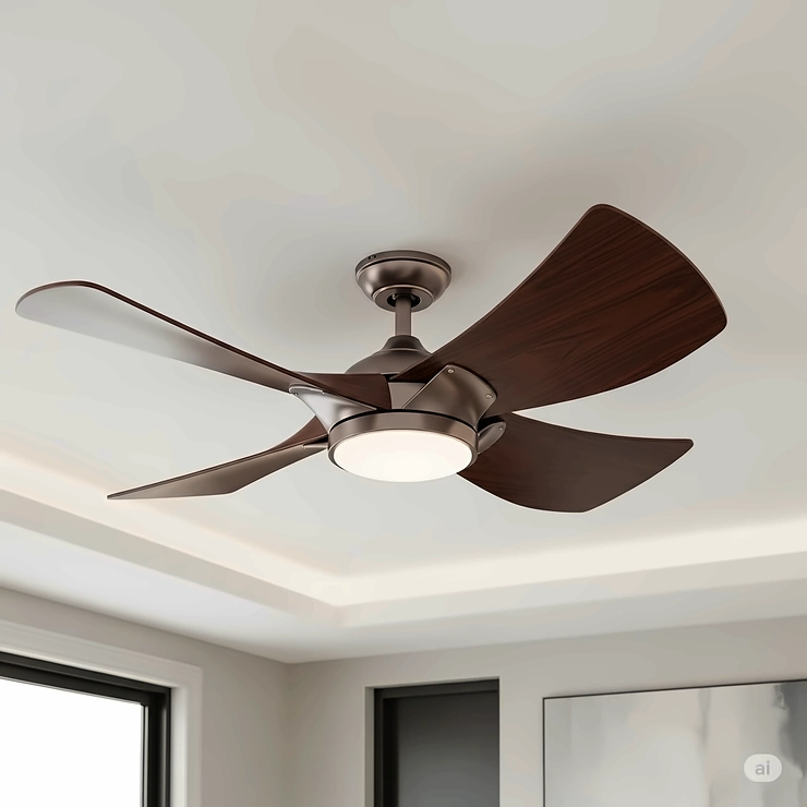 A low-profile exotic ceiling fan with curved, flowing blades, ideal for rooms with lower ceilings while maintaining an exotic aesthetic.