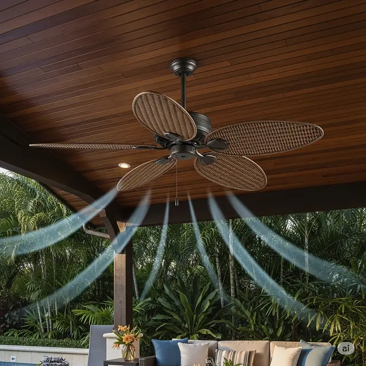 An outdoor-rated exotic ceiling fan with a weather-resistant finish and synthetic wicker blades, providing a cooling breeze on a covered patio.