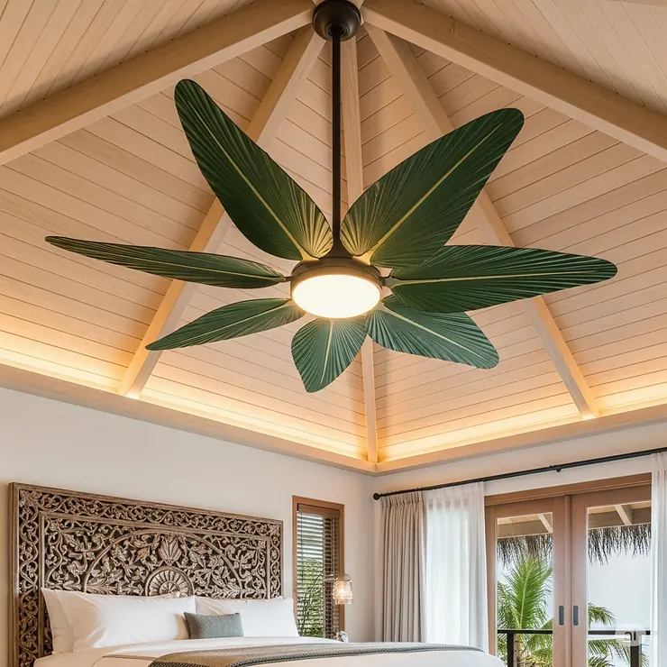 An exotic ceiling fan with large, sweeping blades shaped like natural palm leaves, creating a dramatic focal point in a master bedroom.