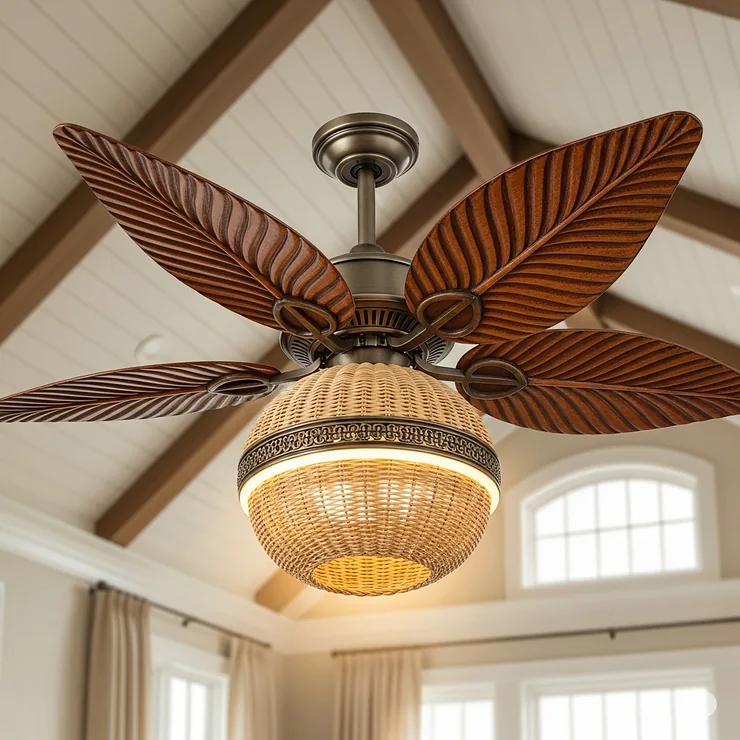 A close-up shot of a unique exotic ceiling fan with intricately carved wooden blades and a tropical, wicker-like central housing, installed in a living room with a high ceiling. exotic ceiling fans